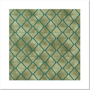 Teal and Gold Vintage Art Deco Lined Diamonds Pattern Posters and Art